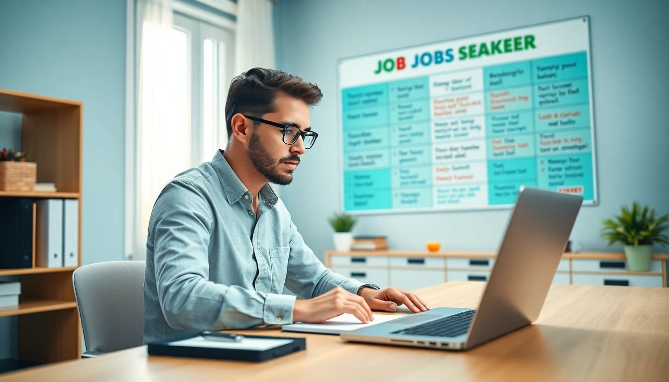 Job Search focused individual working diligently at a modern desk with a laptop.
