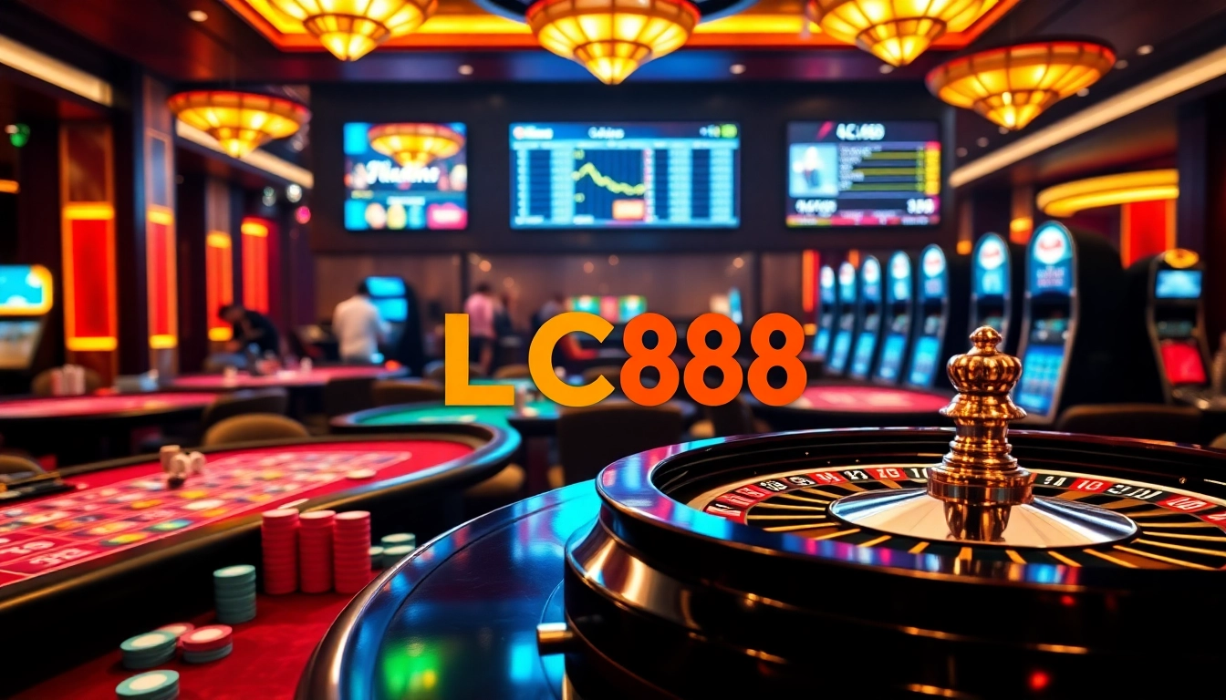 Players engaging in thrilling games at LC88 online casino with vibrant tables and colorful chips.