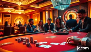 Engage in thrilling poker at the luxury Kjc.com casino, surrounded by vibrant chips and cards.