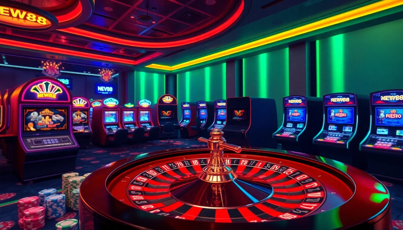 Experience the thrill of gambling at NEW88 with vibrant casino visuals and exciting gameplay elements.