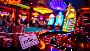 Experience the thrill of gambling at rr88.com with vibrant casino visuals, featuring roulette and poker.