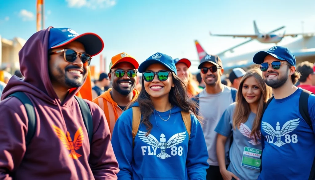 FLY88 apparel showcased at an aviation festival, featuring colorful designs and happy attendees.