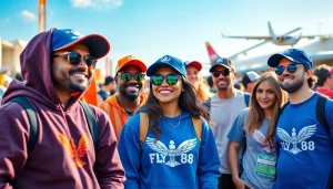 FLY88 apparel showcased at an aviation festival, featuring colorful designs and happy attendees.
