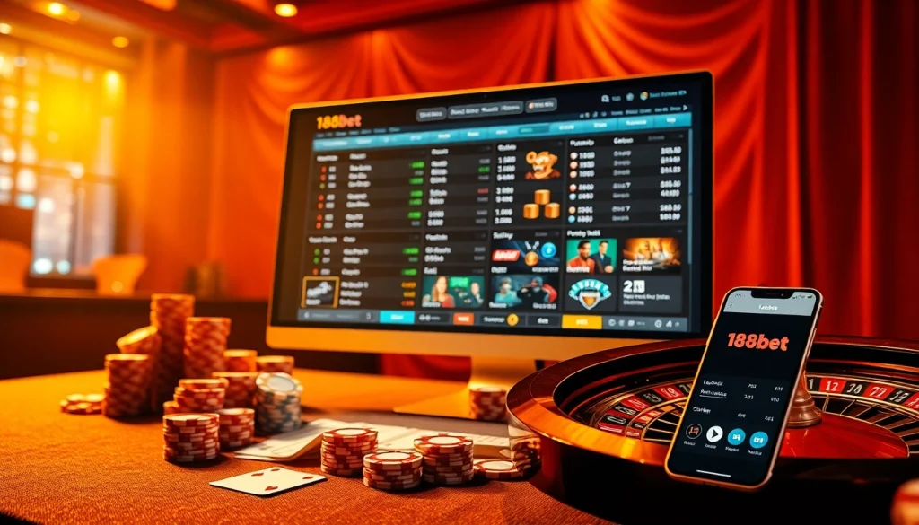 Experience the excitement of online gambling with 188Bet on a modern computer setup and casino elements.
