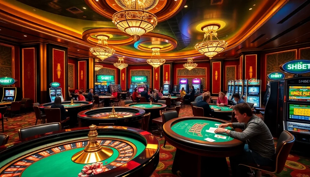 Experience SHBET's vibrant casino atmosphere with roulette and poker tables.