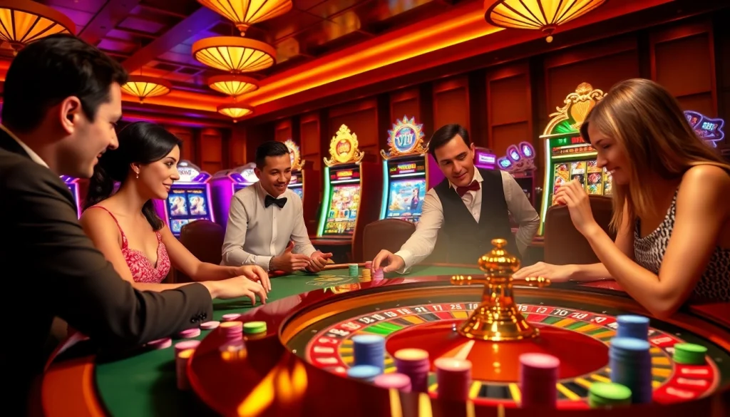 Khela88 casino scene with players at a roulette table showcasing vibrant chips and slot machines.