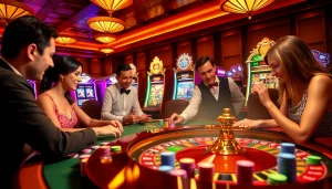 Khela88 casino scene with players at a roulette table showcasing vibrant chips and slot machines.
