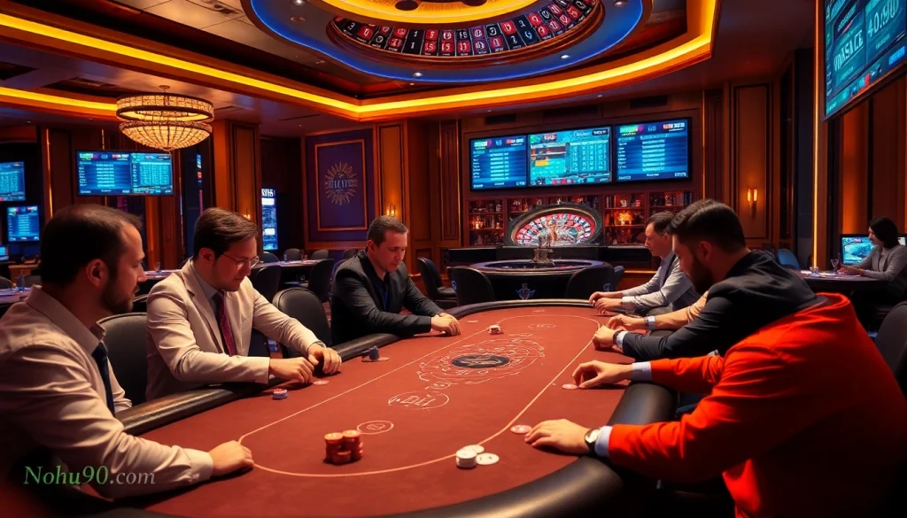 Players enjoying poker at a high-stakes table, featuring nohu90 com gambling elements.