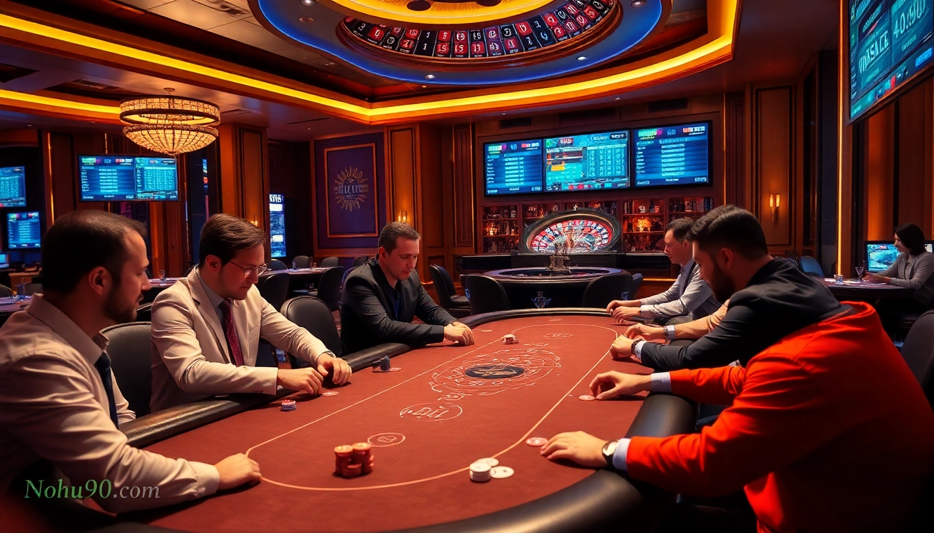 Players enjoying poker at a high-stakes table, featuring nohu90 com gambling elements.