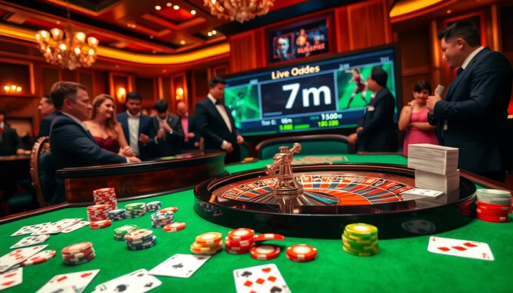 Experience high-stakes betting as players engage with live odds at a luxurious 7m casino scene.