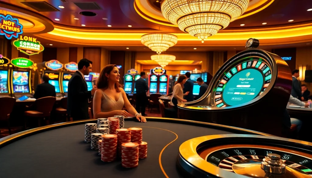 Players enjoying strategic casino games with 상품권카드 payment options visible, highlighting excitement and luxury.