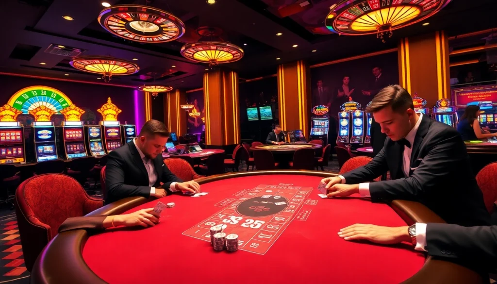 Experience the excitement of uu88 with players engaging at a luxurious poker table in this vibrant casino scene.