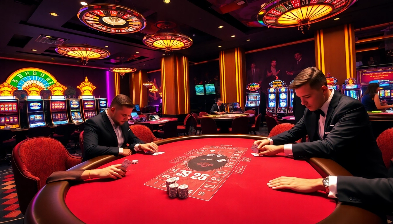 Experience the excitement of uu88 with players engaging at a luxurious poker table in this vibrant casino scene.