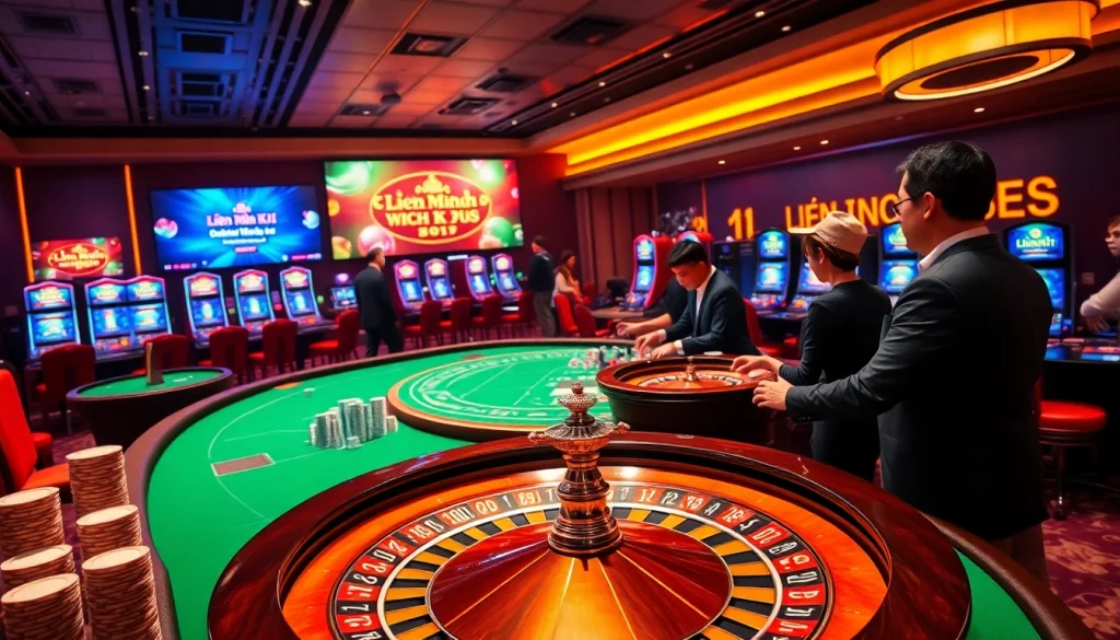 Experience thrilling gameplay at Liên Minh KJC, featuring vibrant casino tables and engaging players.