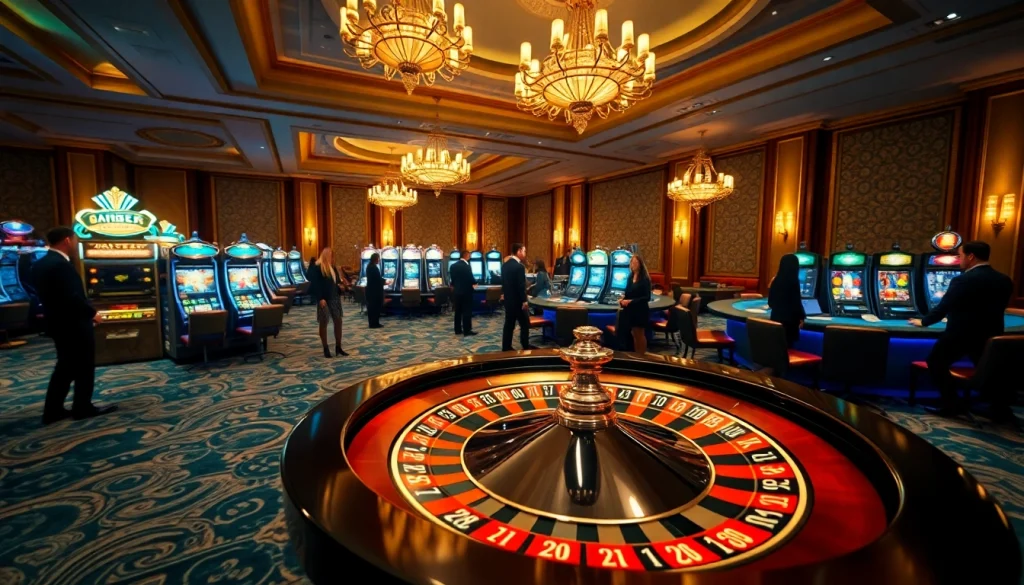 Experience the excitement of gambling at MM88's luxurious casino environment with slot machines and roulette.