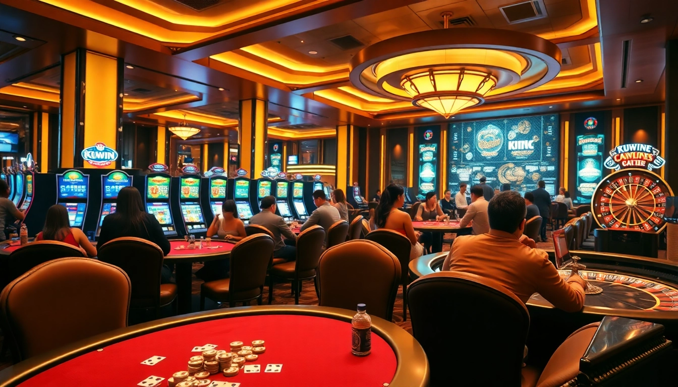 Kuwin casino players enjoying poker and slot machines in a vibrant, luxurious setting.