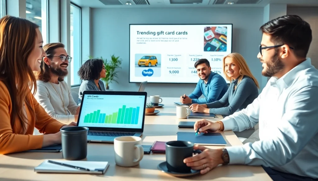 현대적인 사무실에서 상품권카드의 이점을 논의하는 전문가들.
