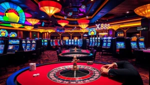 Experience the excitement of XX88 with lively casino tables and vibrant gaming decor.