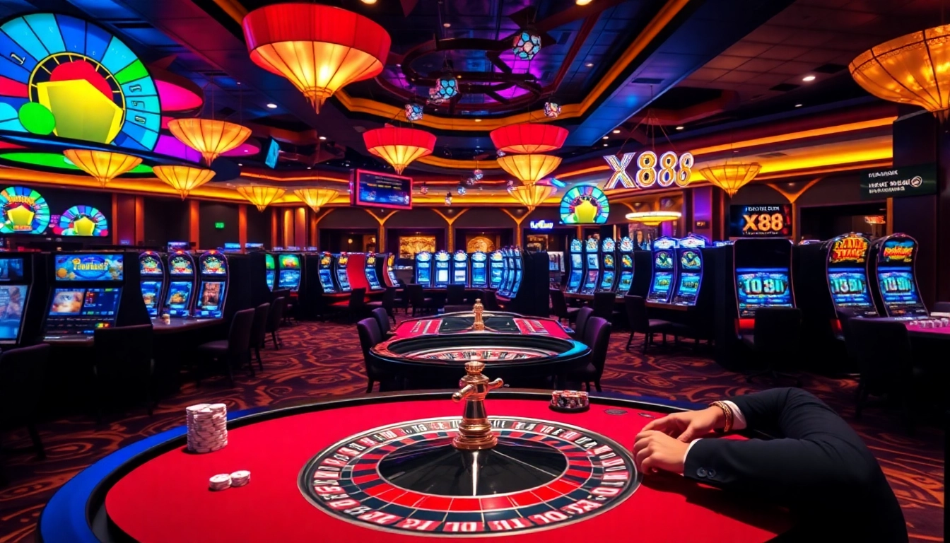 Experience the excitement of XX88 with lively casino tables and vibrant gaming decor.
