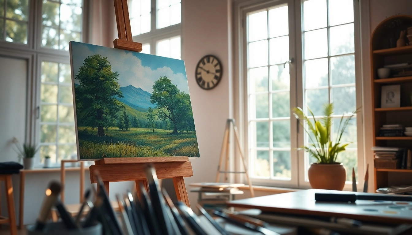 Painting in a serene artist's studio filled with vibrant colors.