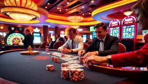 Engage in thrilling casino gameplay with onicplay showcasing vibrant slot machines and intense poker action.