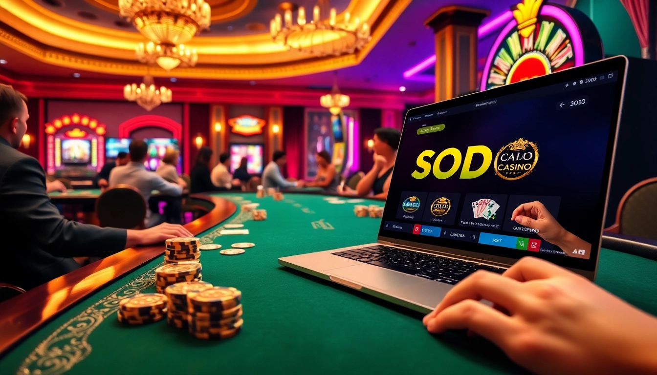 Engage with SODO Casino's thrilling atmosphere featuring poker tables and vibrant slot machines.