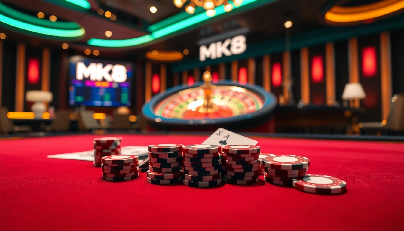Experience immersive gambling action with MK8 at a luxurious poker table, featuring vibrant chips and cards.