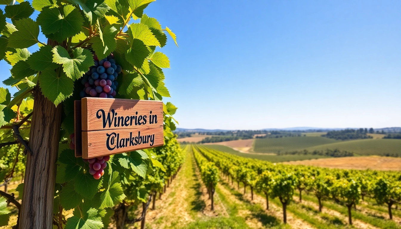 View of wineries in Clarksburg with lush vineyards under blue skies, showcasing grape harvest.