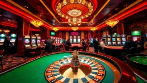 Players enjoying exciting games at RR88 casino with vibrant slot machines and poker tables.