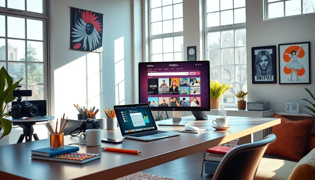 OnlyFans Search workspace featuring a creator's stylish desk with tech, art supplies, and a vibrant atmosphere.