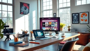 OnlyFans Search workspace featuring a creator's stylish desk with tech, art supplies, and a vibrant atmosphere.