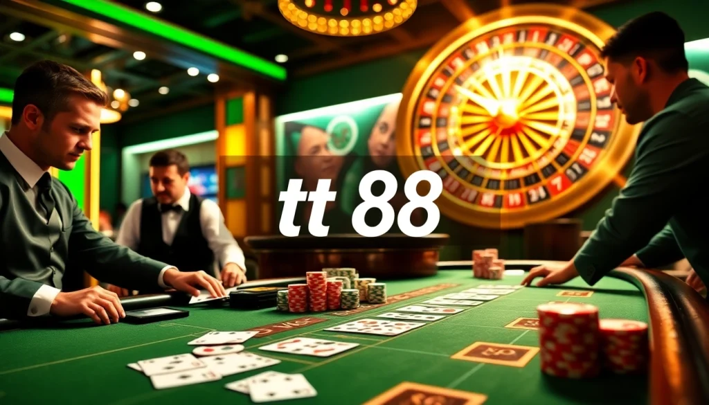 Experience the thrill of TT 88 at a luxurious blackjack table with vibrant poker chips and a roulette wheel.