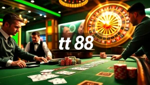 Experience the thrill of TT 88 at a luxurious blackjack table with vibrant poker chips and a roulette wheel.