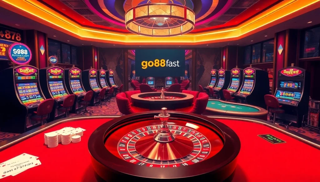 Enjoying thrilling games at https://go88.fast/ in a luxurious casino atmosphere with vibrant visuals.