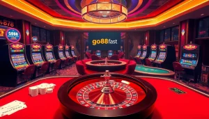 Enjoying thrilling games at https://go88.fast/ in a luxurious casino atmosphere with vibrant visuals.