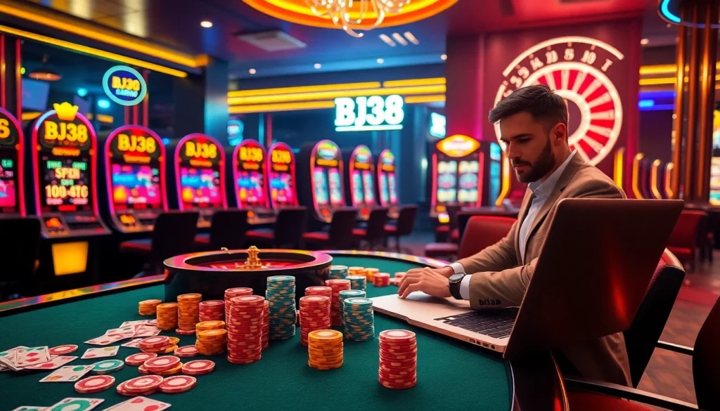 Experience the thrilling gaming atmosphere at BJ38 with colorful cards and vibrant slot machines.