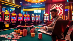 Experience the thrilling gaming atmosphere at BJ38 with colorful cards and vibrant slot machines.