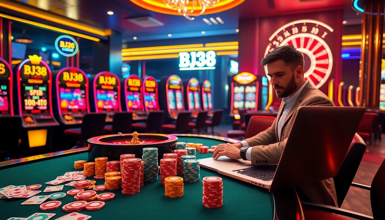 Experience the thrilling gaming atmosphere at BJ38 with colorful cards and vibrant slot machines.