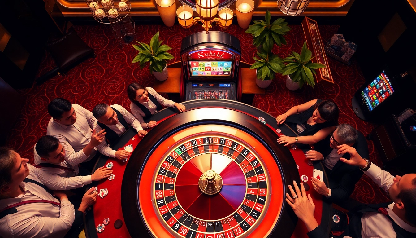 A thrilling casino environment showcasing players at a roulette table, rich decor, and nohu plants enhancing the excitement.