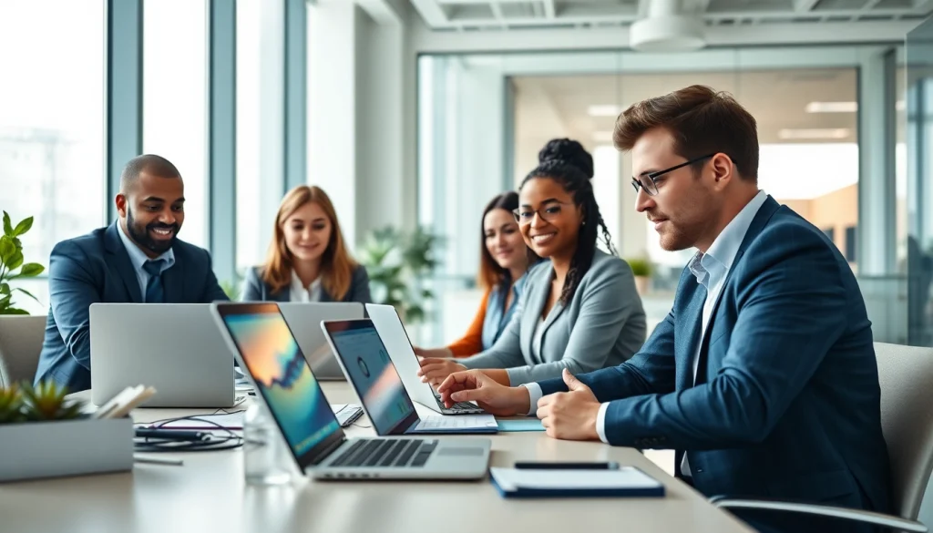 现代办公室，多元化的专业人士在数字设备上协同使用 WPS 软件。