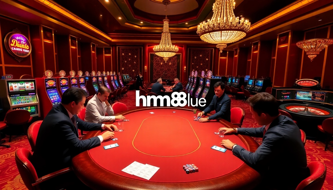 Exciting poker action at a casino table, tying back to https://hm88.blue/ for thrilling gambling encounters.