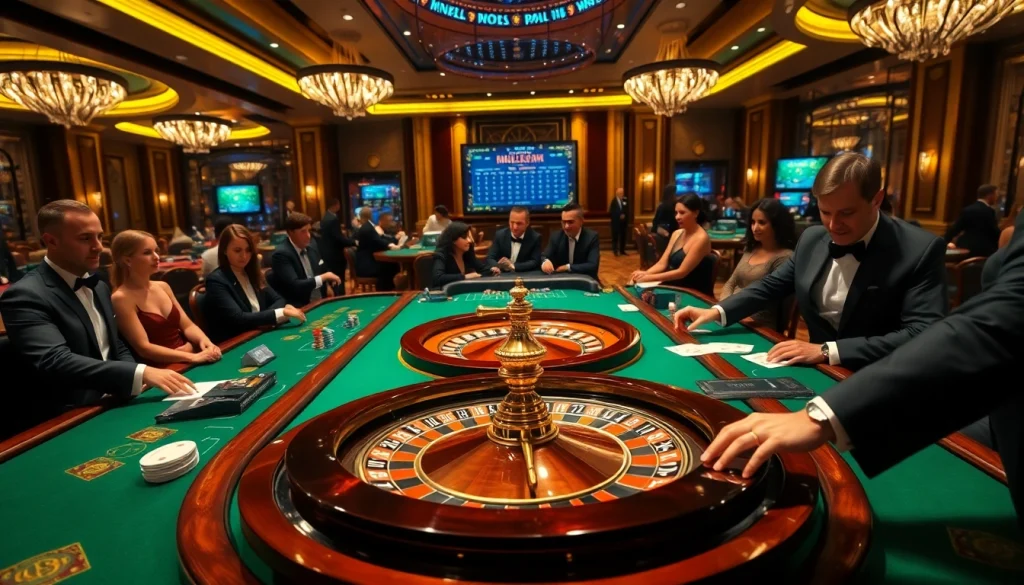Players enjoying the excitement of gambling at u888 casino tables with vibrant colors and luxurious settings.