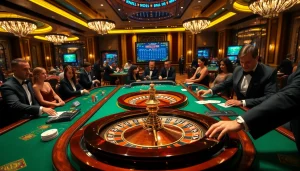 Players enjoying the excitement of gambling at u888 casino tables with vibrant colors and luxurious settings.