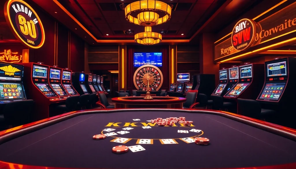 Exciting KKWIN casino scene with vibrant gaming tables and luxury slot machines.
