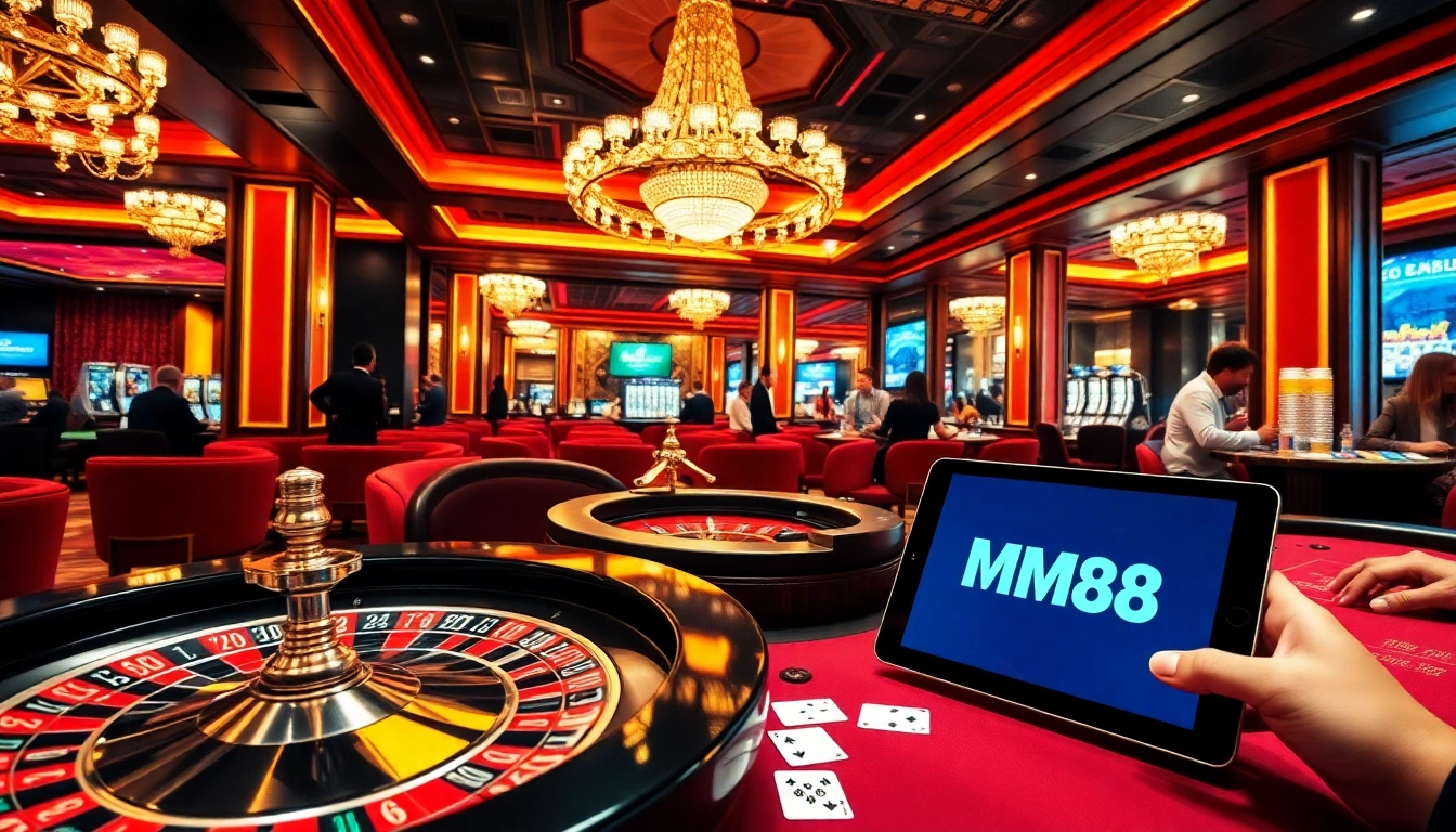 Exciting gameplay at MM88's luxurious casino with roulette and poker tables.
