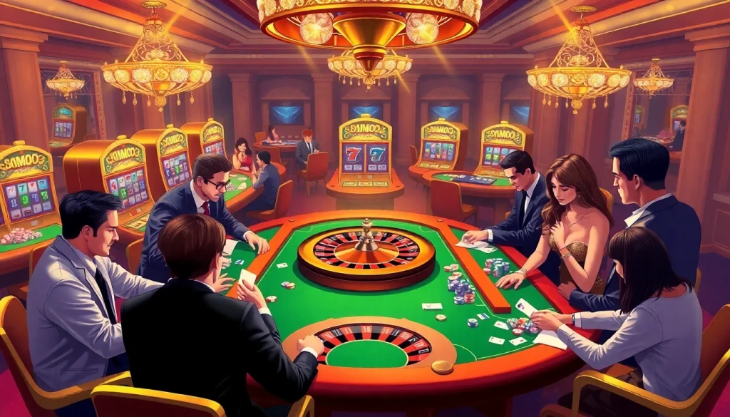 Players enjoy a thrilling MMOO casino experience with roulette and vibrant slot machines.