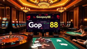 Engaging visual of Gopay88 Daftar featuring luxurious casino elements and dynamic gambling interface.