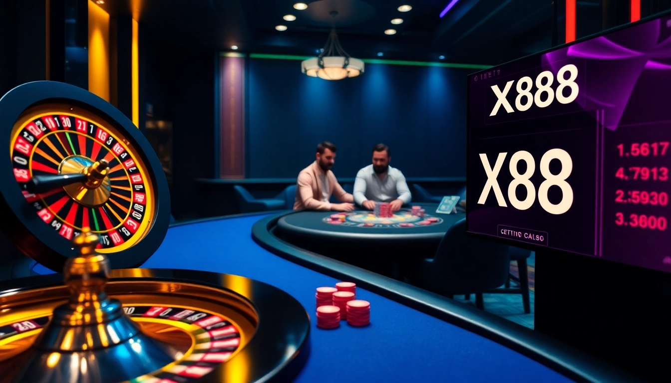 X88 casino scene showcasing a roulette wheel, poker table, and vibrant betting interface.
