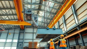 Bridge crane lifting a heavy steel beam in an industrial setting, showcasing operational efficiency.