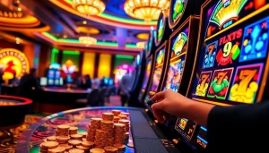 Pemain yang bersemangat di mesin slot depo pulsa dikelilingi chip poker di kasino mewah.